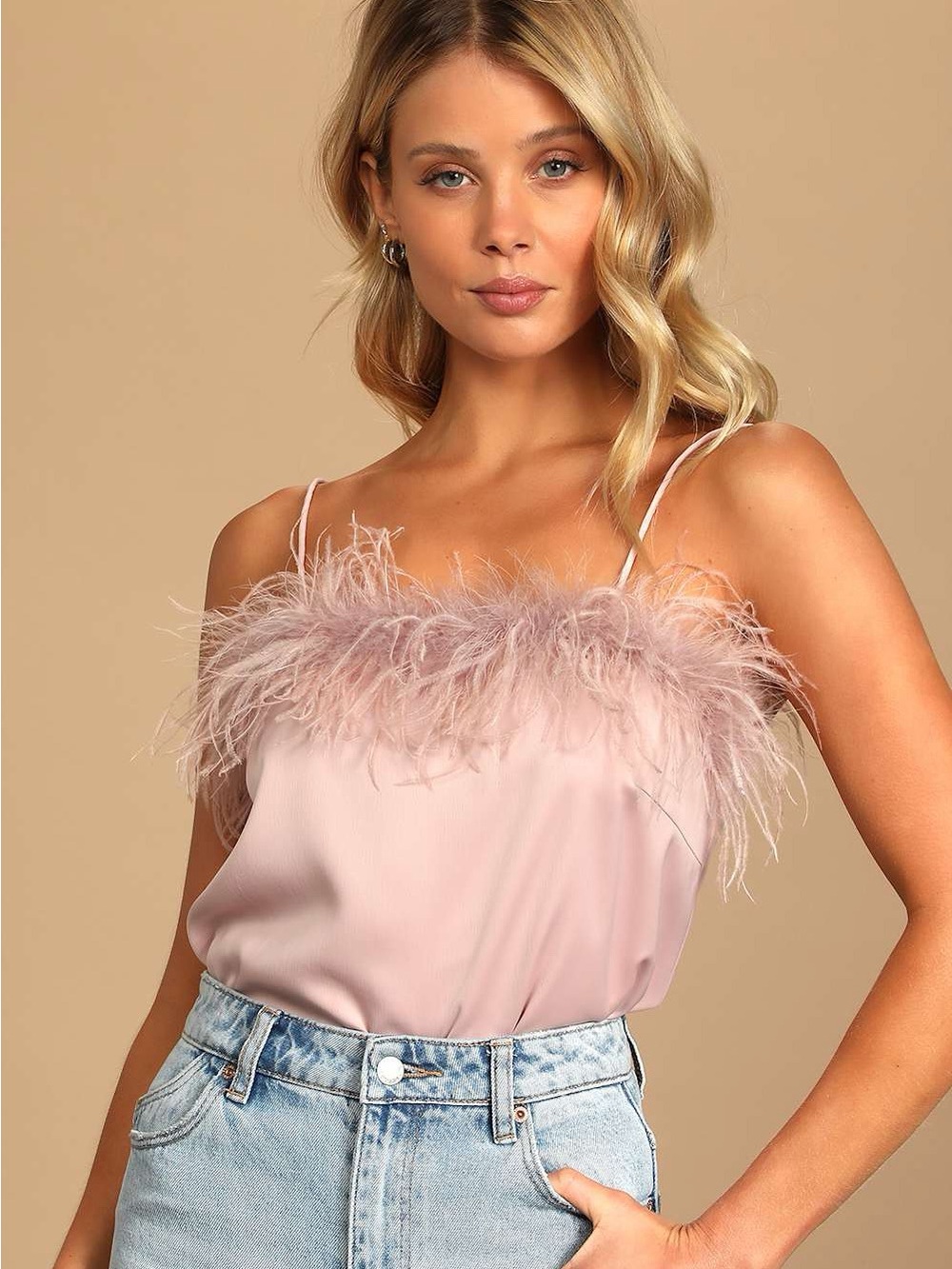 Lulus So Much Luxe Blush Satin Feather Tank Top Womens Large Pink Party Coquette